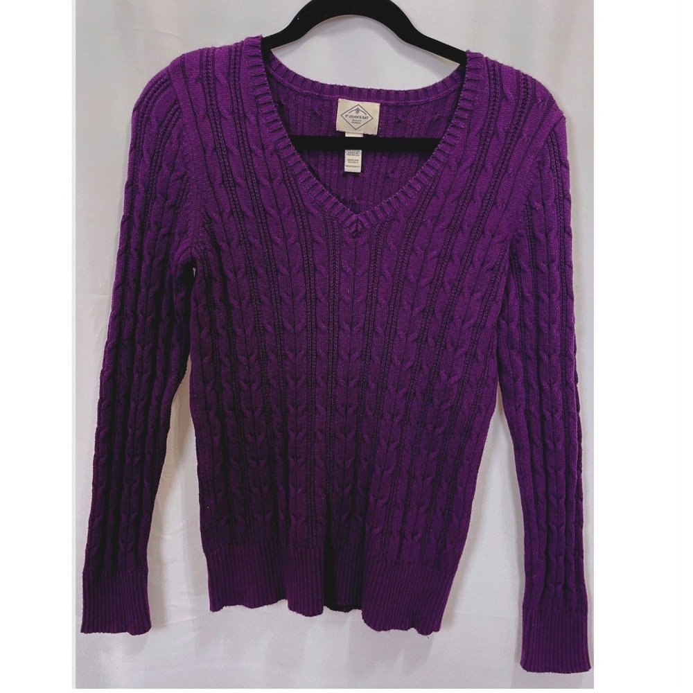 St Johns Bay Purple Cable Knit V-Neck Sweater Long Sleeve Cotton Blend Medium